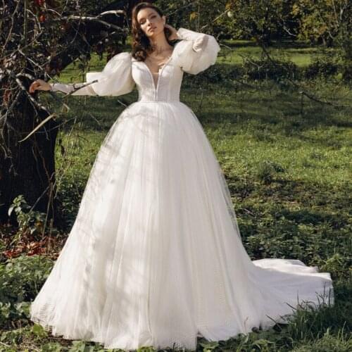 Scoop Appliques Sleeves Flowers Buttons Tulle Wedding Dress 2021 Vestido De Noiva Bridal Gown