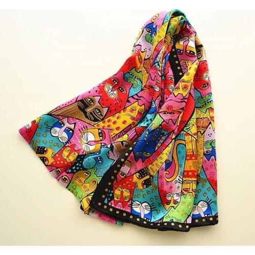 New Spring 100% Real Silk Scarf Women Designer Cat Print Shawl Foulard for Ladies Soft Wrap Femme Long Bandana Bufanda SILKL006