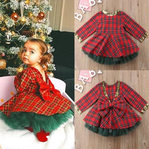 Christmas Baby Girls Party Dress Cute Pretty Toddler 1-6Y Long Sleeve Ruffles Plaid Knee-Length A-Line Red Dress Autumn Clothes