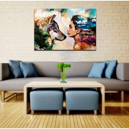 Nordic Abstract Decorative Painting Wolf and Girl Canvas Painting Living Room Sofa Background Frameless Multicolor Wall Art