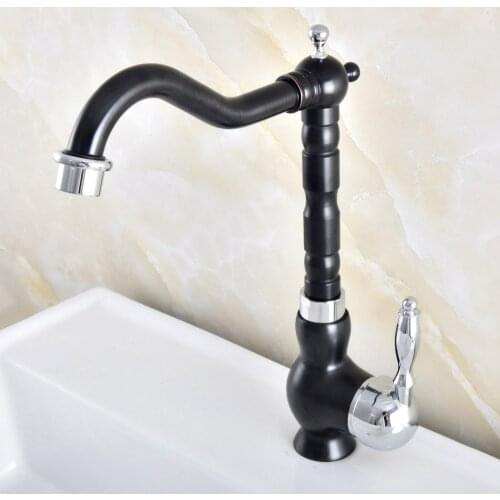 Deck Mounted Black & Chrome Brass Single Handle Hole Bathroom Sink Mixer Faucet Hot and Cold Water Mixer Tap Nnf490