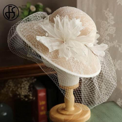 FS Wide Brim Fedora Hat For Women Summer Beach Cap With Flower Big Ribbon Top Hats Mesh Holiday Party Cloche Hats