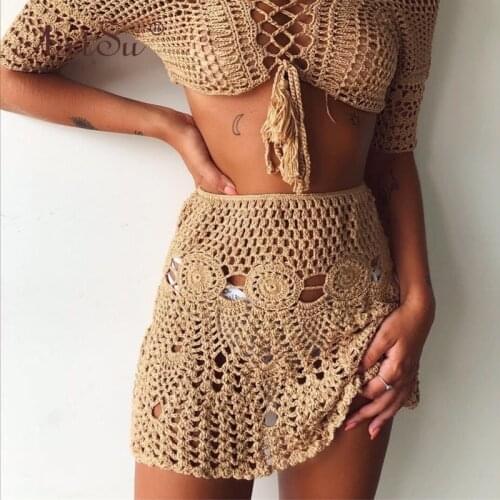 ArtSu 2020 Holiday Beach Style Knit Crochet Hollow Out Sexy Mini Skirt Faldas Women High Waist Summer Skirts Black White Red