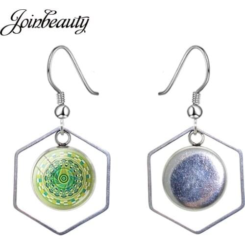 JOINBEAUTY Green Geometric Pattern Dangle Earrings Mandala Charm Women Polygon Drop Earrings Glass Cabochon Dome Jewelry A179
