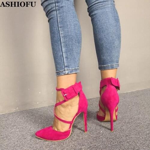 ASHIOFU Hot Sale Handmade Ladies High Heel Pumps X-buckle Straps Party Prom Dress Shoes Large Size Evening Fashion Court Shoes