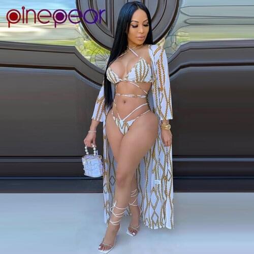 PinePear Summer 3 Piece Sets Swimsuit Swimming Suit for Women Sexy Print Bandage Bikini Set Bathing Suit Cover Up Drop Shipping