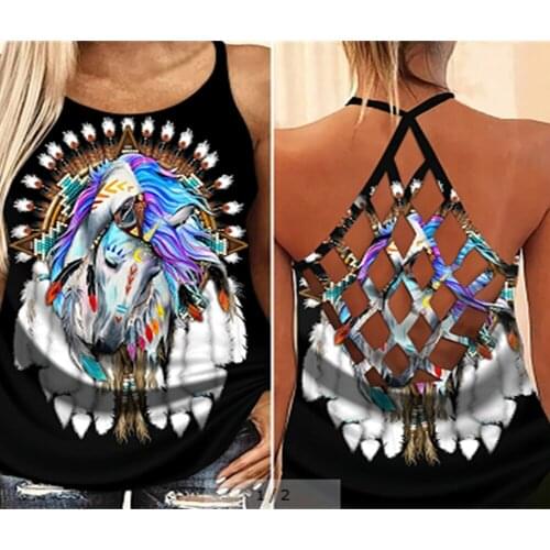 WomenS Summer 2021 Sleeveless Vest Personality Pony 3d Printing Sexy Cross Belt Vest Shirt Shirt Women
