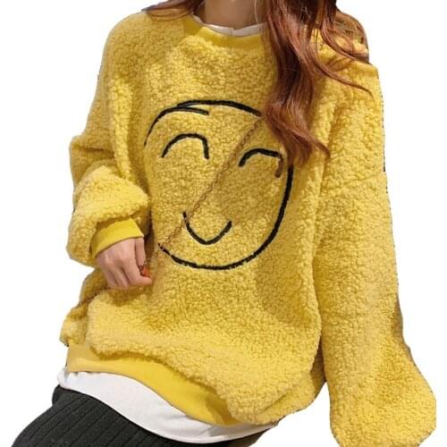 2020 Winter New Version Of Cute Cartoon Smiling Face Round Neck Ladies Pullover Lamb Wool Loose And Thick Women Fake Two Tops