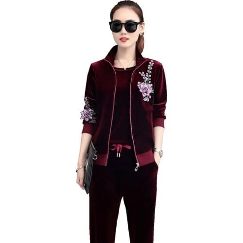 2019 Autumn Women Gold Velvet Sets Sportswear Suit Womans Embroidery Coat Short T-shirt and Pants Casual 3 Piece Sets R81