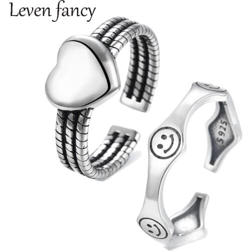 Vintage Jewelry Love Heart Ring for Mom Girlfriend Women Girls Sterling Silver 925 Open Bands Rings Smile Face Ring S925