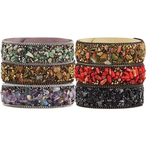 12pcs/lot Woman Friendship Leather Bracelet Bangles Natural Chip Stone Amethysts Unakite Onyx Obsidian Men Cuff Bracelet Free