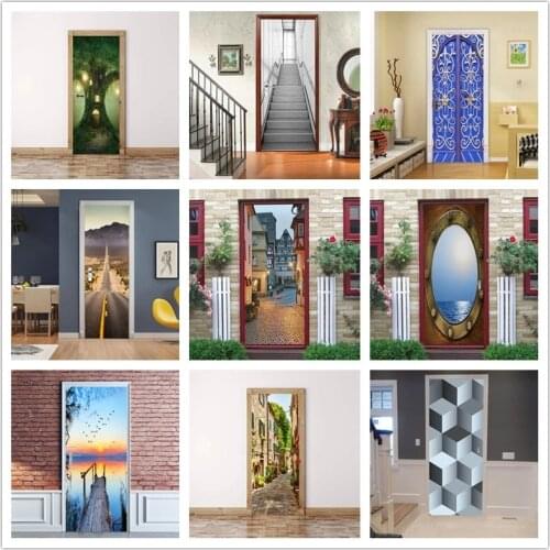 3d Landscape Door Sticker For Living Room Corridor Bedroom Art Home Decor Decal DiY Self-adhesive Wallpaper For Doors Renovation