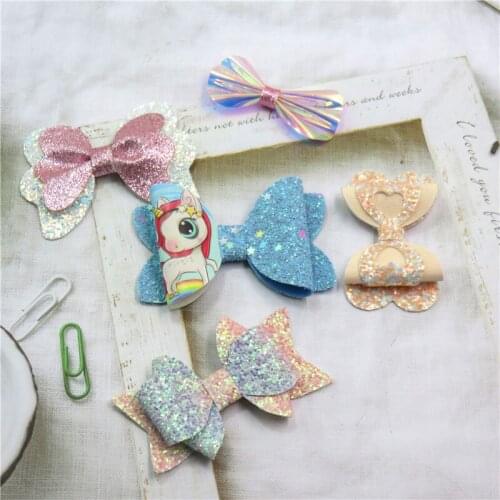 5PCS/SET Lovely Unicorn Baby Girls Clip Leather Bows Child Tie Knot Creativity Handmade Hairpins Hair Accessories For Kids 2021