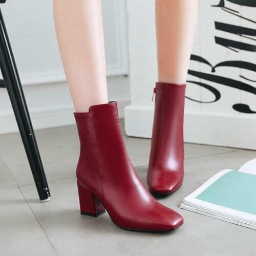 XJRHXJR Fashion Sqaure Toe Short Boots Women Autumn Winter Shoes Thick High Heels Side Zipper Black Wine White Boots Size 34-43