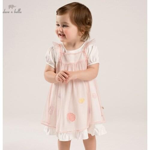 DB16870 dave bella summer baby girls fashion cartoon mesh dress party dress kids infant lolita 2pcs clothes