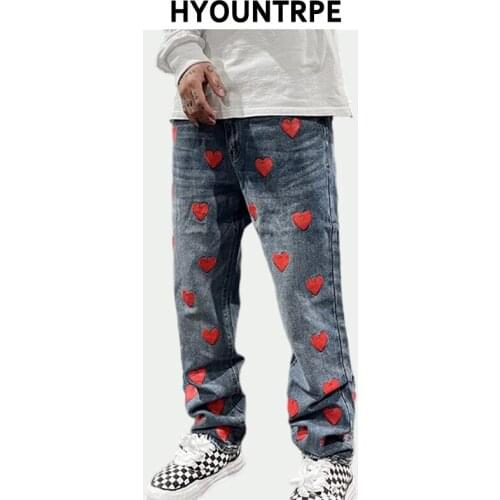 Men High Street Denim Jean Pants Casual Loose Straight Jeans Fashion Heart Offset Printed Zipper Jeans Hip Hop Streetwear Jogger