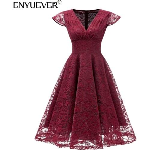 Enyuever Elegant Lace Dress Women Clothing 2021 V Neck Swing High Waist Robe Pin Up Short Evening Formal Party Dress Vestidos