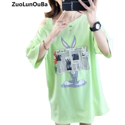 Zuolunouba Summer New Missing Shoulder Women T-shirt Loose Mid-length Large Size Casual Fashion Sweet Cartoon Printing Girl Tops