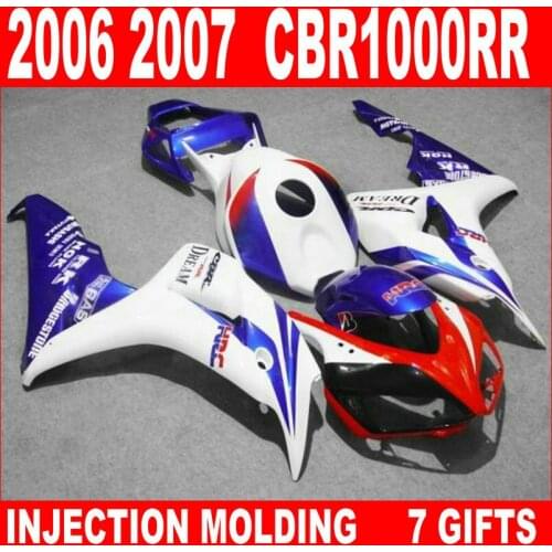 Hot sale injection mold for HONDA 2006 2007 cbr 1000 rr fairings CBR1000RR 06 07 white blue red black DREAM fairing KHB86