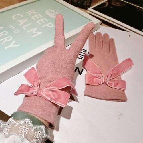 Ribbon Bow Cashmere Five-fingered Gloves For Autumn And Winter Korean Style New Fashion Split Finger Warm Gloves Women
