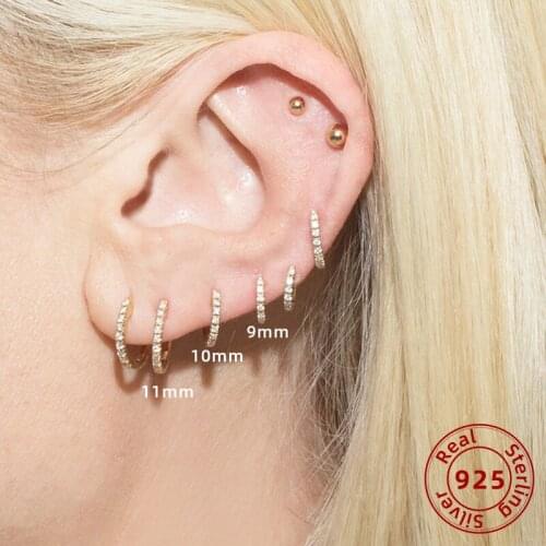 Tiny Round Circle Huggie Earrings with Clear CZ Zircon 925 Sterling Silver Jewelry Small Hoop Earrings 9mm/10mm/11mm