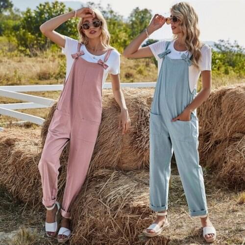 Fashion Spring Autumn Womens Clothing Solid Color Ladies Bowknot Decoration Jumpsuit Pocket Casual Breathable Overalls Trousers