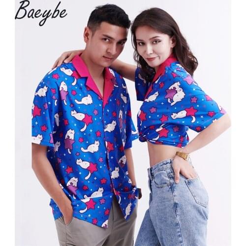 High quality cute cat anime cartoon couples matching clothing hawaiian mens shirts printed dropshipping wholesale free shipping