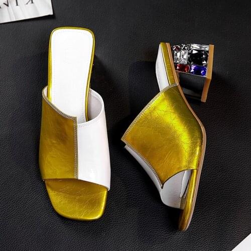 Big size 42 womens genuine leather thick high heel slides summer crystal heel mules open toe sandals high quality comfort shoes