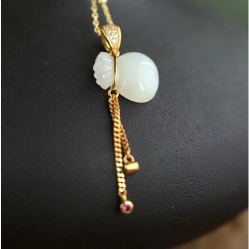 Real Silver 925 & Hetian Jade Pendant Bag Charms For Women Female Girl Silver Necklace Rolo Chain 18inch
