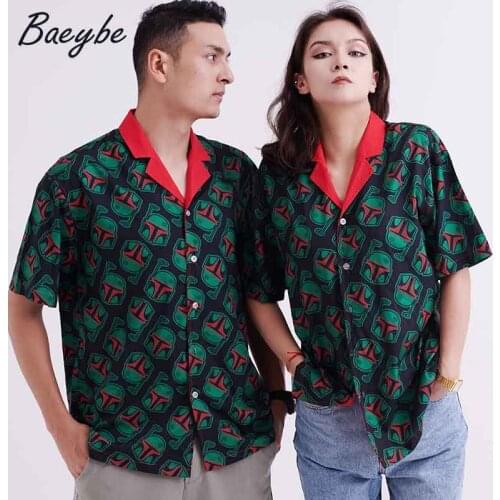 Unisex Couple Oversize Clothes Man&Woman Green Animated Cartoon Print Beach Shirts Short Sleeve Top Wear Casual Hawaii Shirt