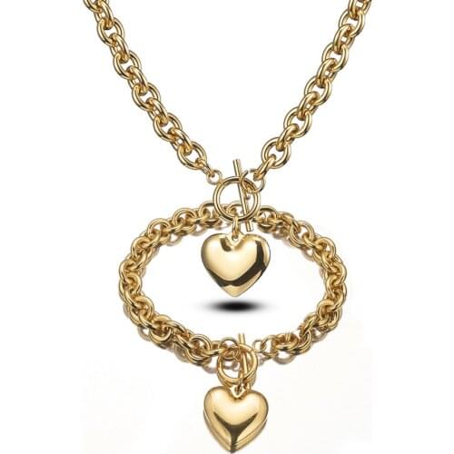 8mm Fashion Womens Girl Stainless Steel Gold Rolo O Link Chain Charms Heart Pendant Necklace And Bracelet Jewelry Sets Wholesale