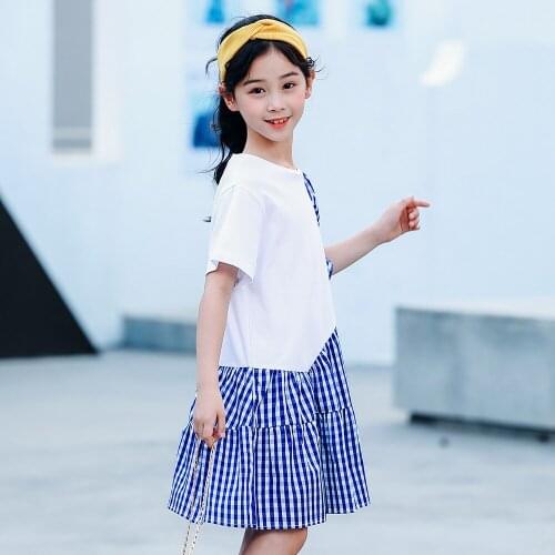 4 To 14Y, Girls Dress Patchwork Plaid Children Casual Dress 2021 New Summer Kids Clothes Cotton Ruffles Length Over Knee,# 6044