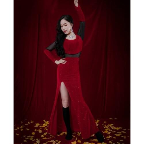 Belly dance velvet dance dress belly dance clothing covering belly was thin and high waist dance performance clothing dress