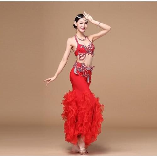 Luxury Egyptian Costumes Oriental Performance Belly Dancing 3pcs Suit Rhinestone Bra Belt and Skirt Belly Dance Costume Set