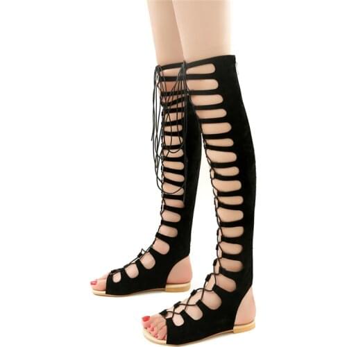 Roman Gladiator Sandals Knee High Lace Up Flat Sandals Woman 2020 Designer Open Toe Summer Boots Women Flat Plus Size 44 45 46