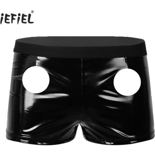 Wetlook Sexy Leather Pants Men Lingerie Front Two Holes Slim Fit Exotic Underpants Clubwear Boxer Shorts Low Rise Male Panties