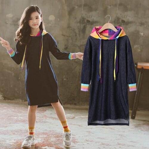 Blue Denim Long T Shirts Dresses For Baby Big Girls Hooded Long Sleeve Autumn Dress Kids Clothing Casual 2020 Children Dresses