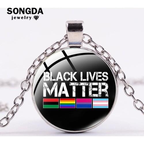 SONGDA Trendy Black Lives Matter Necklace No Justice No Peace George Floyd Print Glass Round Pendants Punk Zinc Alloy Link Chain