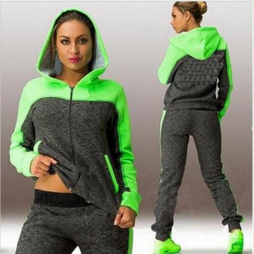 New Cotton Women Sport Suit Contrast Color Breathable Pink Green 2 Pcs Gym Sweats Set Female
