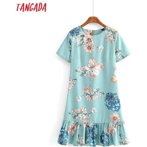Tangada Women Flower Print Sweet Dress Beach Style Short Sleeve Elegant Female Pleated Mini Dresses Vestidos AH53