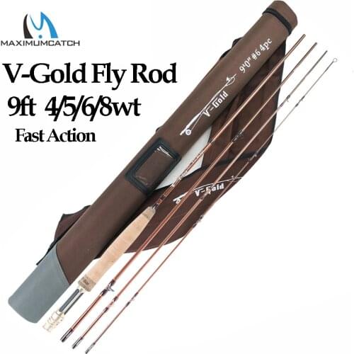 Maximumcatch V-Gold 9FT 4/5/6/8WT Fly Fishing Rod 4Pcs Fast Action Pacbay Guides Fly Rod with a Triangle Cordura Rod Tube