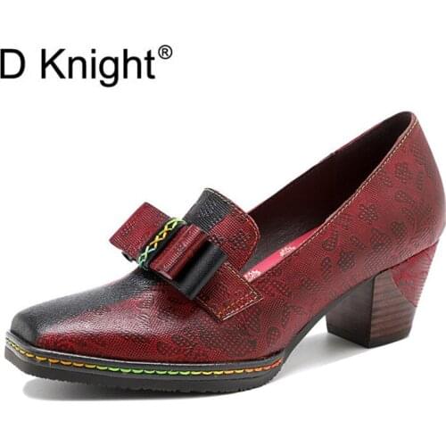 Retro Genuine Leather Red Print Casual Ladies Thick High Heels Single Wedding Shoes Pumps 2021 Spring Summer New Bow Women Pumps