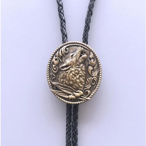 Vintage Antique Bronze Plated Western Wolf Bolo Tie Neck Tie Wedding Leather Necklace