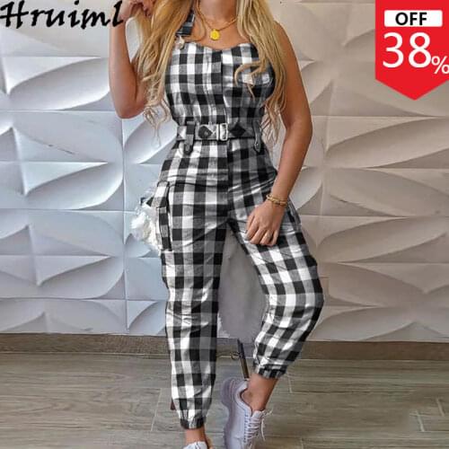 Plaid Jumpsuits Overalls for Women 2020 Sleeveless Sling Sashes High Waist Pocket Romper Casual One Piece Outfit Monos Mujer