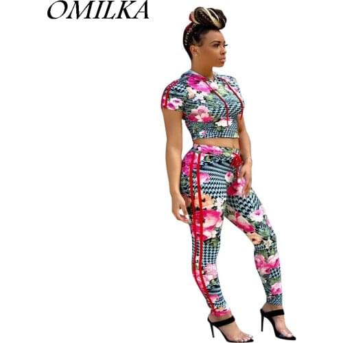 OMILKA 2018 Summer Women Short Sleeve Hooded Plaid Printed Crop Top and Long Pant Set Sexy Club Party 2 Piece Tracksuit Set