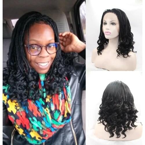 Sylvia Black Box Braided Wig For Women Heat Resistant Fiber Synthetic Lace Front Wig #1b Natural Short Braids Wig Half Hand Tied