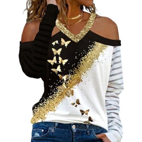 3D Digital Printing Tshirt Off The Shoulder Sexy Autumn Tops Women Long Sleeve Butterfly Print Patchwork Female Tshirts Femme