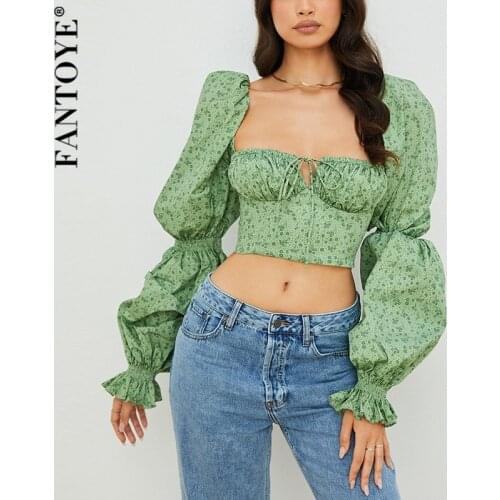 Fantoye Sexy Backless Flare Sleeve Women Top Green Floral Ruched Lace Up T-shirt Ladies Summer Slim Fashion Streetwear Top 2021