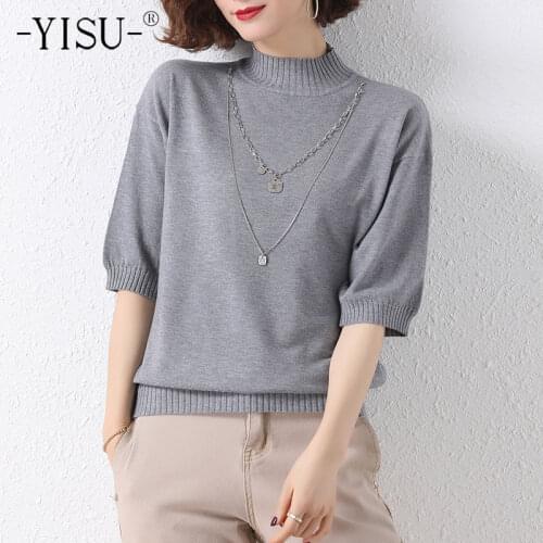 YISU Women Casual Middle sleeve Sweater Pullover Tees Summer Half turtleneck Solid color Knitted pullover Female Thin T-shirt