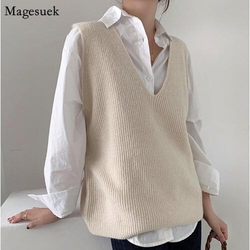 Autumn New Loose Knitted Sweater Vest Women Korean Sleeveless Solid V Neck Pullover Sweater Black Vests Winter Sweaters 15991